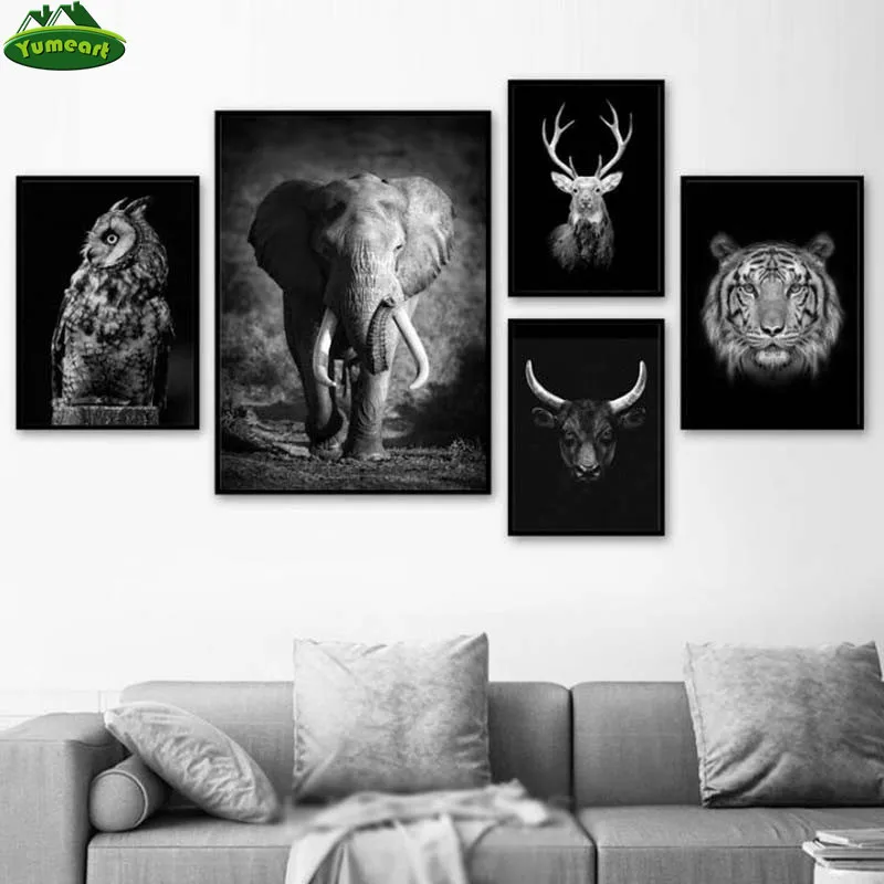 YUMEART Black White Elephant Owl Cow Deer Tiger Animals 5D Diamond Embroidery Full Square Drill Diy Painting Home Decor | Дом и сад