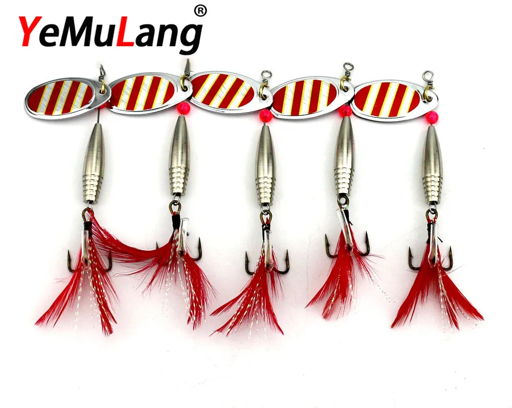 

YeMuLang 1PCS Spinner Bait Metal Artificial Fishing Lure Double Tail Propeller Hard Baits With 6# Feather Hook Trout Carp