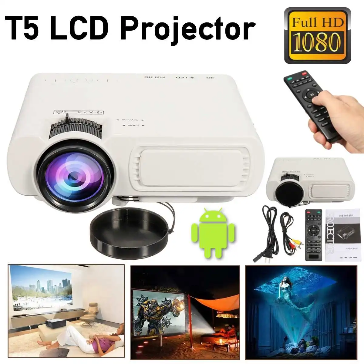 

Mini Projector T5 LCD 7000 Lumens 1080P Full HD Wifi bluetooth Home Theater Android 6.0 Audio Speaker Home Theater Cinema