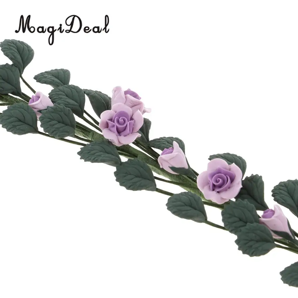1/12 Scale Handmade Clay Boston Ivy Leaves String Rose Bouquet Dollhouse Indoor Outdoor Furniture Decor Kids Pretend Play Red