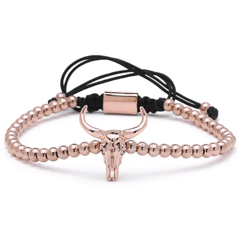 Mcllroy Men Fashion Zircon Bracelets Black Silver Cattle Head & 4mm Titanium beads Rope Braiding Macrame Bracelets Bangle