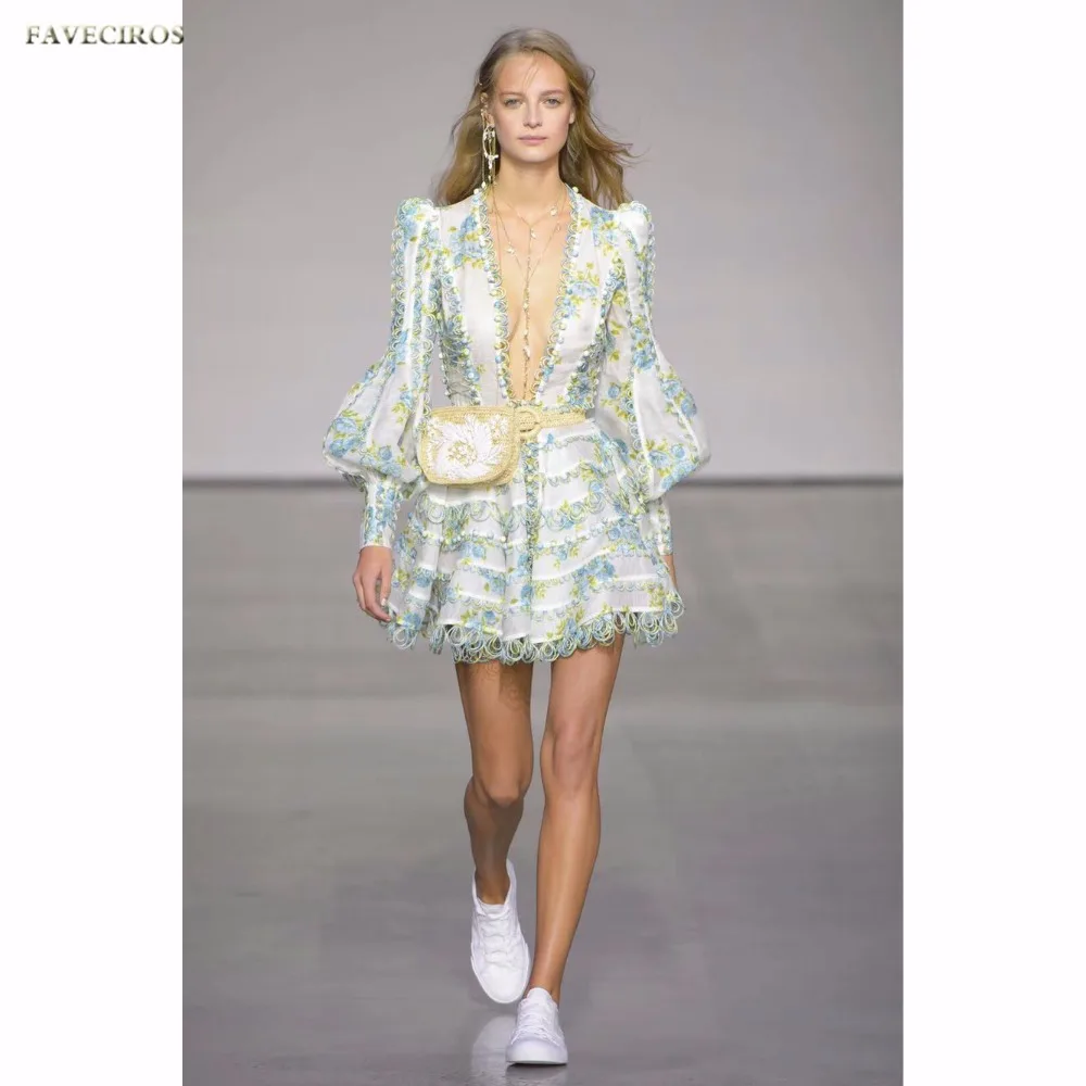 

Runway Designer Puff Sleeve Elegant Sexy Deep V-neck Floral Print Mesh Button Resort Woman Mini Dress Beach Vocation Party Dress