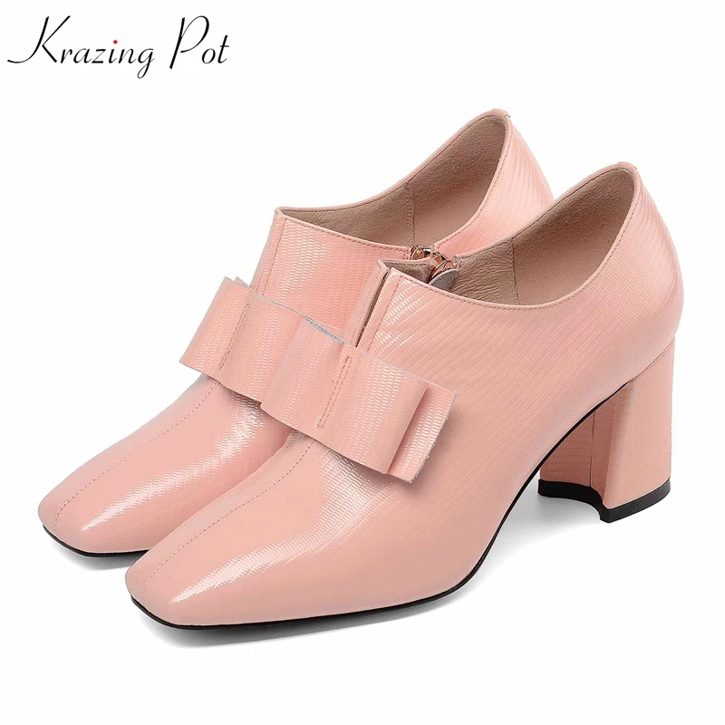 

Krazing pot hot sale full grain leather round high heels office lady zipper original design career square toe bowtie pumps L84