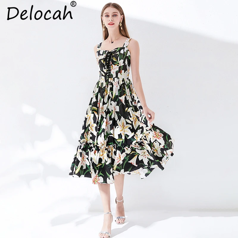 

Delocah New Summer Women Spaghetti Strap Dress Runway Fashion Designer Backless Bow Tie Floral Print Elegant Casual Midi Dresses