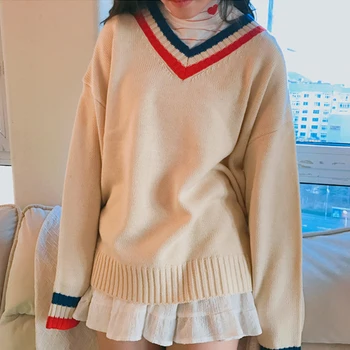 

Autumn and winter women Korean version College wind loose fitting base models v-collar collision color simple Sweaters