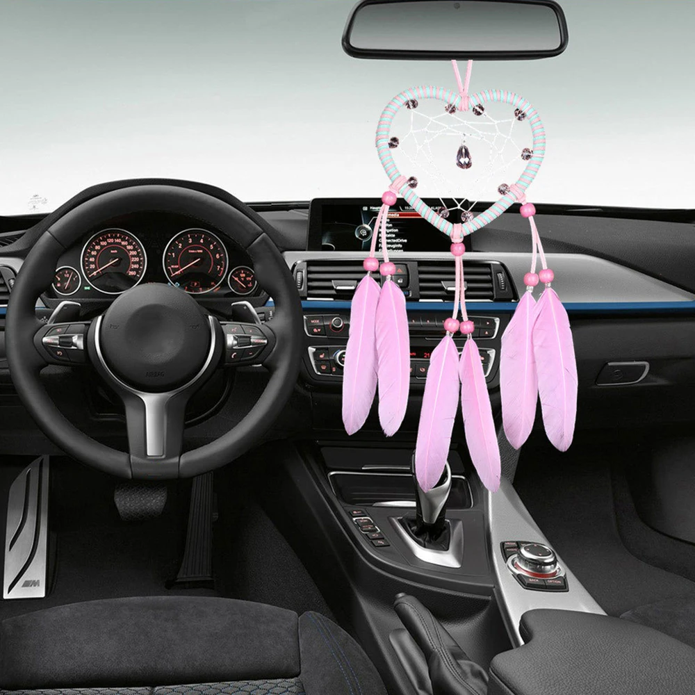 

Car Pendant Love Shape Crystal Feather Dream Catcher Art Craft Ornament Auto Rearview Mirror Hanging Decoration Accessories Gift