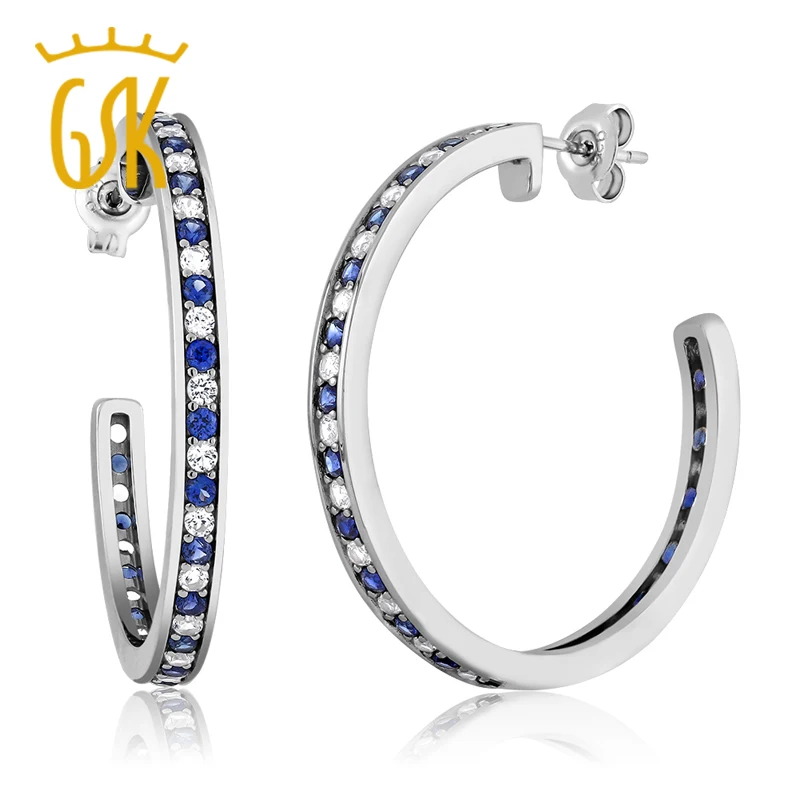 Серьги кольца из серебра 925 пробы с синим и белым сапфиром 1 50 дюйма для женщин