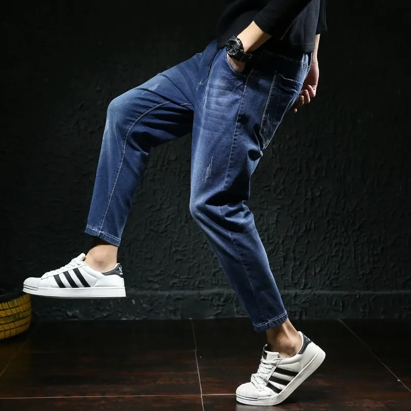 Elasticated Waist Ankle-Length Mens Ripped Jeans For Hombre Vaqueros Baggy Homme Men Streetwear Jean Calca Masculina Biker Denim