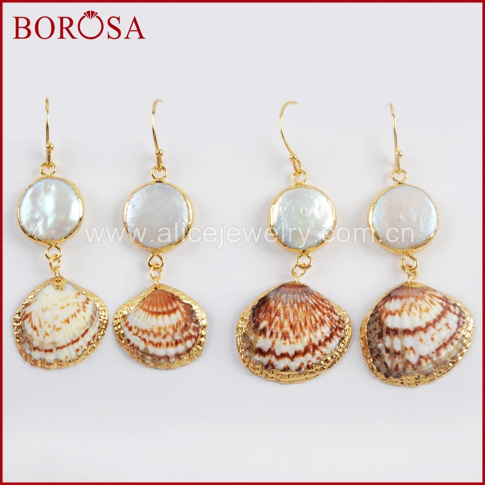

BOROSA 5Pairs Round White Pearl & Shell Earrings Gold Color Natural Frewater Pearl Dangle Earrings Jewelry for Women G1595