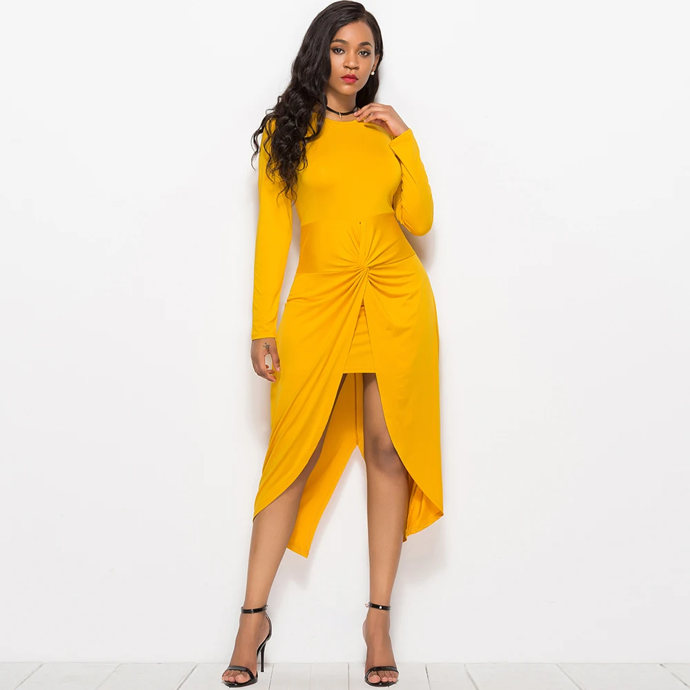 

Dower Me Elegant Vintage Asymmetrical Women Dress Long Sleeve Ruched Yellow Vestidos Split Plus Size Autumn Party Black Dresses