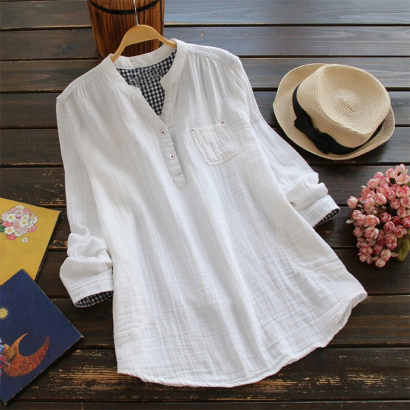 Achat ZANZEA Élégant Femmes Été Col V Manches Longues Blouses Décontractées Boutons Feminina Blusas Coton Lin Lâche Chemises Grande Taille
