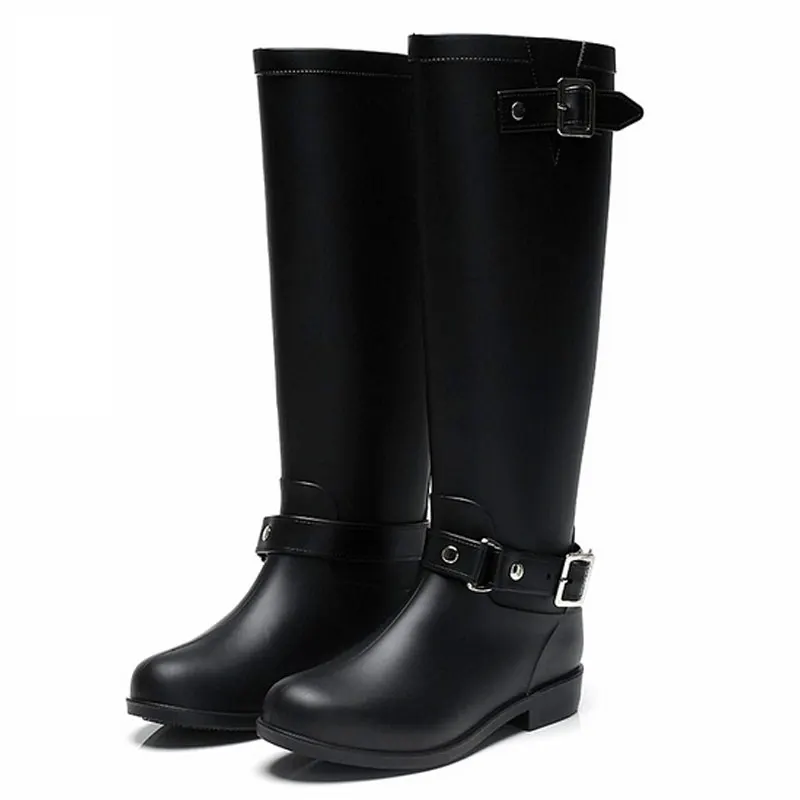 

OCHENTA Punk Style High-Waist Boots Women's Pure Color Rain Boots Outdoor Waterproof Rubber Women's Shoes 36-41 Plus Size