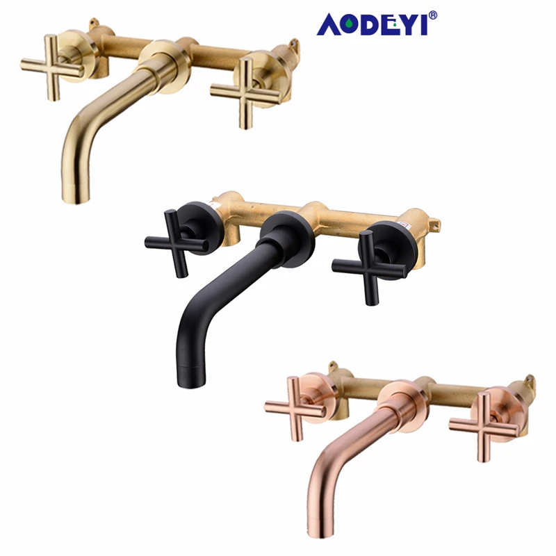 Preise Matte Schwarz Messing Doppel Griff Wand Montiert Bad Waschbecken Wasserhahn Hot   Cold Becken Wasserhahn Schwarzen Hahn