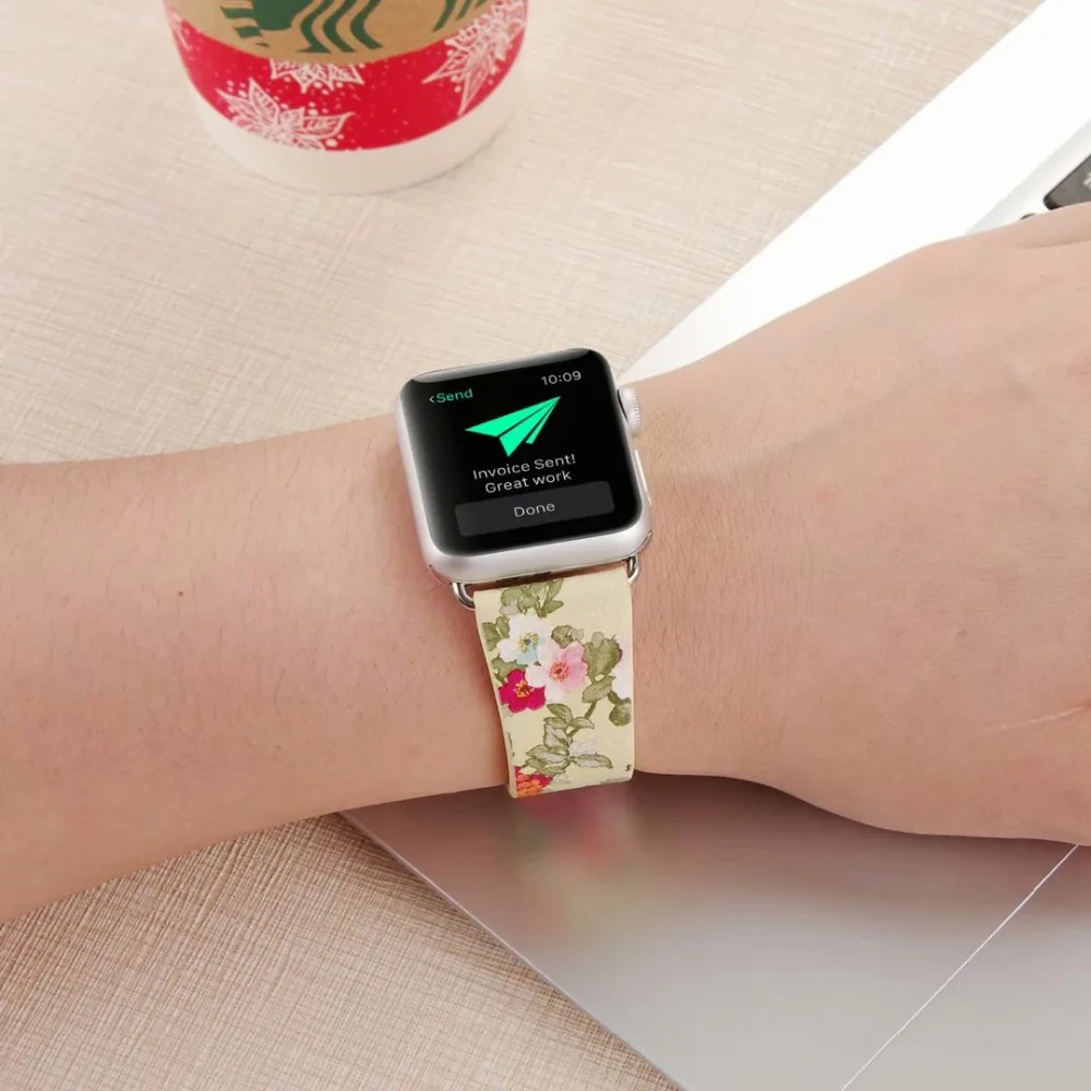 Чернильный окрашенный ремешок с цветочным принтом для apple watch band 44 мм 40 мм 42 мм 38 мм кожаный браслет для iwatch series 5 4 3 2 1