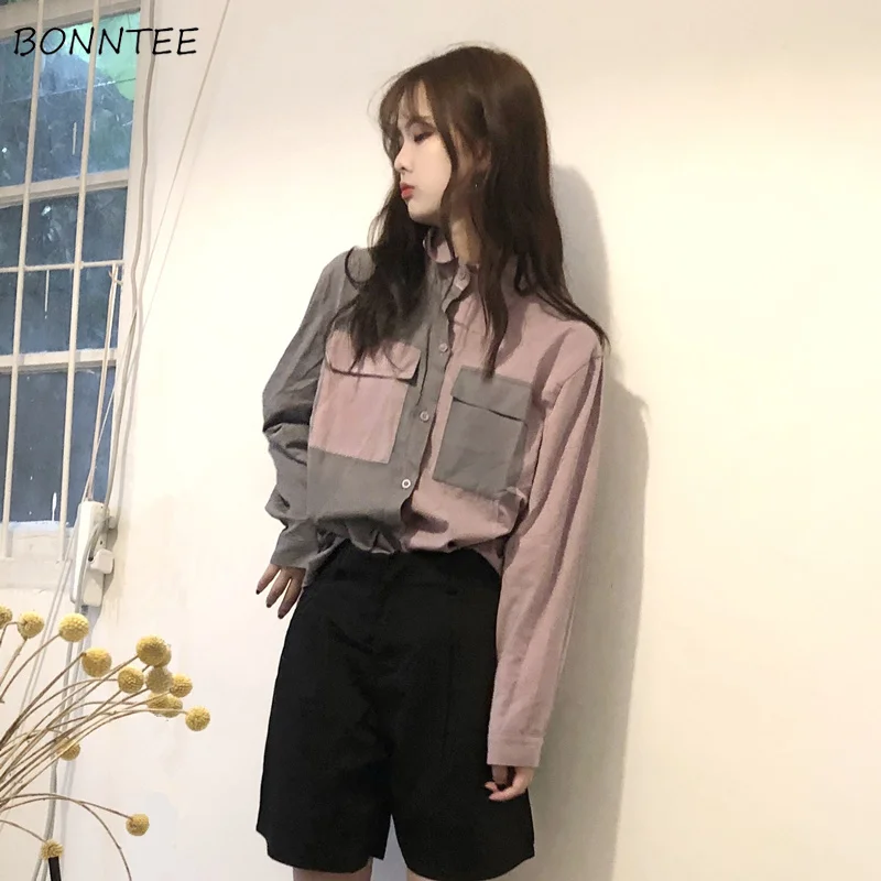 

Shirts Women 2019 Turn-down Collar Patchwork Pockets Leisure All-match Harajuku Shirt Womens Korean Ulzzang Blouses Ladies Tops