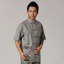 Светло-серое китайское мужское хлопковое белье рубашка с вышивкой кунг-фу тай-чи рубашка повседневные топы с короткими рукавами M L XL XXL XXXL MN052