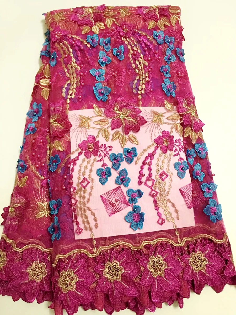 

Nigerian Lace African Lace Fabrics Fuchsia 3D flowers Nigerian French Lace beads Fabric High Quality Beaded Tulle Fabric