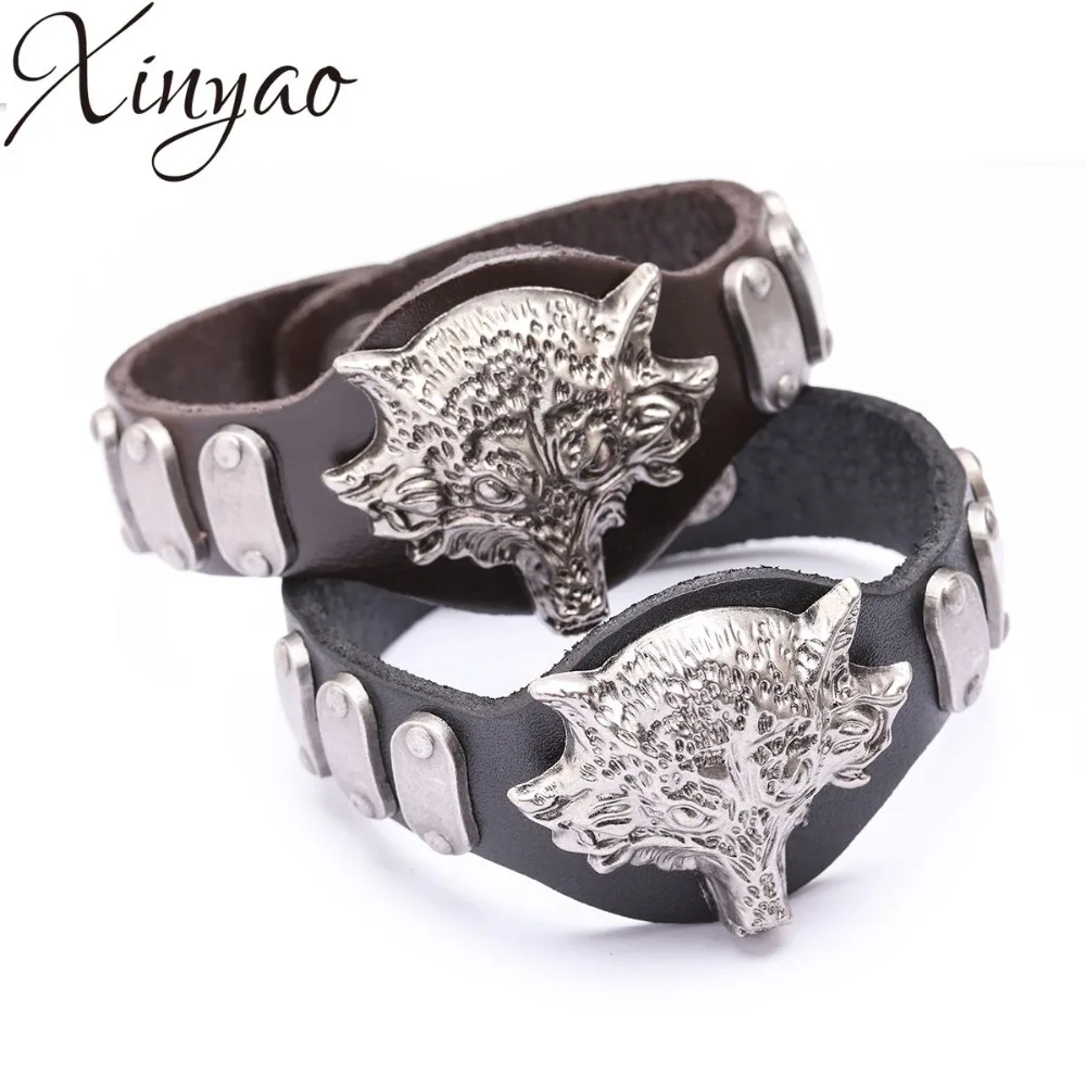 XINYAO 2019 Geunine Leather Charm Wolf Bracelet Punk Style Black Cuff Bangle Male Gothic Spike Jewelry Best Gift | Украшения и