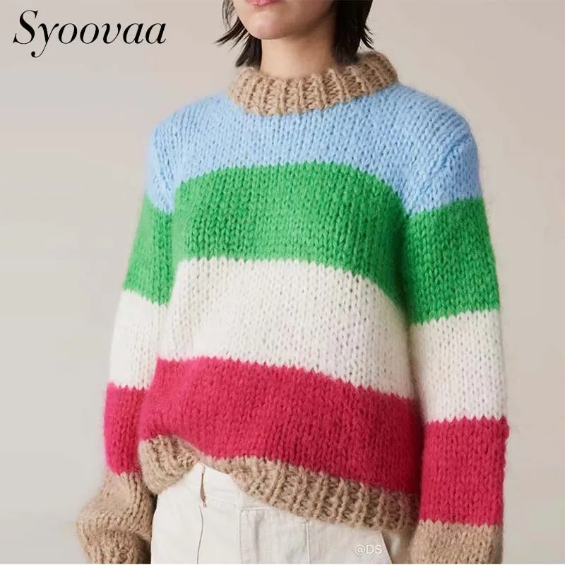 Syoovaa красочные Радуга Для женщин Свитер в полоску с длинными рукавами свободные Для женщин свитера 2018 осень-зима Для женщин пуловер свитер