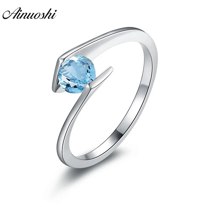 AINUOSHI Natural Blue Topaz Ring 925 Sterling Silver Jewelry 0.5ct Round Cut Gemstone Ring Engagement Wedding Solitaire Ring