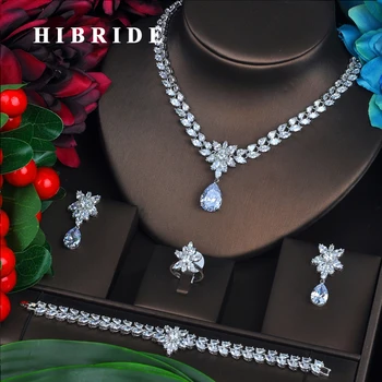 Fashion New Rhodium Color Fashion Top Quality Wedding Jewelry Sets, AAA CZ Flower Bridal Earrings Necklace Sets S069