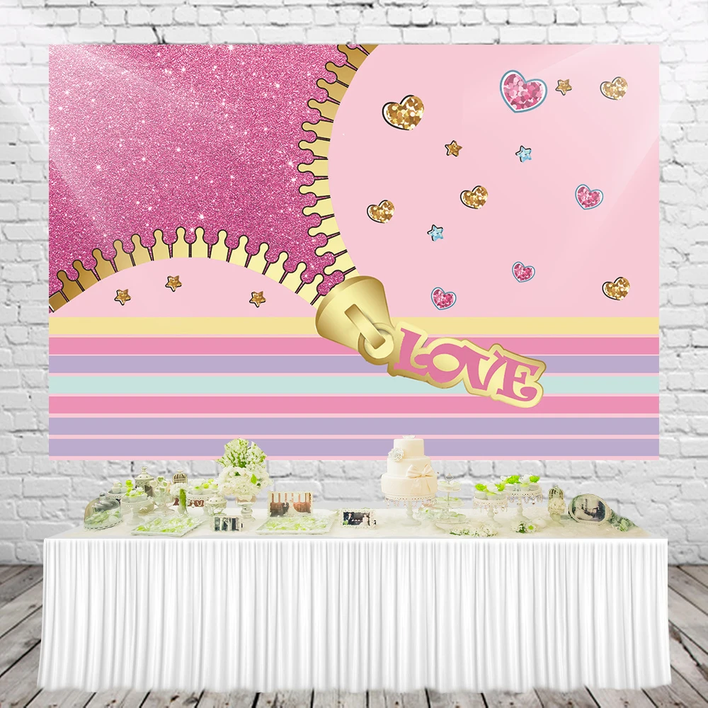 HUAYI Pink Glitter Backdrop Purple Stripes Photo Background for Girl Princess Birthday Party Baby Shower Photo Booth Props W2172