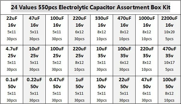 24 значения 550 шт 16 V/алюминиевая крышка, 25В/35/с алюминиевой крышкой, 50В(0,1 мкФ до 2200 мкФ) Смешайте электролитический конденсатор с алюминиевой крышкой смешанный набор с коробка для хранения