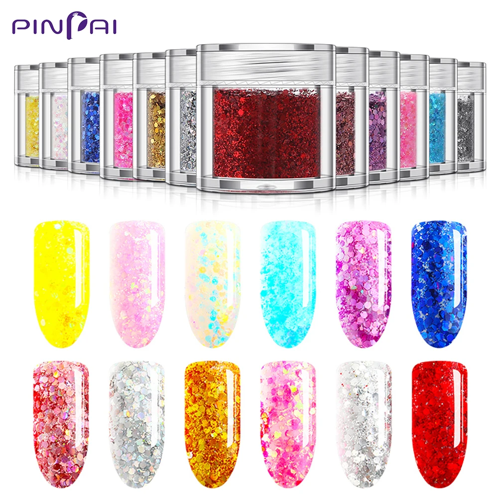 PinPai, 12 цветов, смешанный шестигранный блеск для ногтей, порошок, блестящие хлопья для ногтей, блестящая пудра для украшения ногтей, маникюрные инструменты