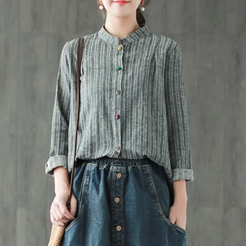 Mferlier Women Blouse Stand Collar Long Sleeve Panelled Colorful Buttons Cotton Linen Artsy Ladies Autumn Blouse