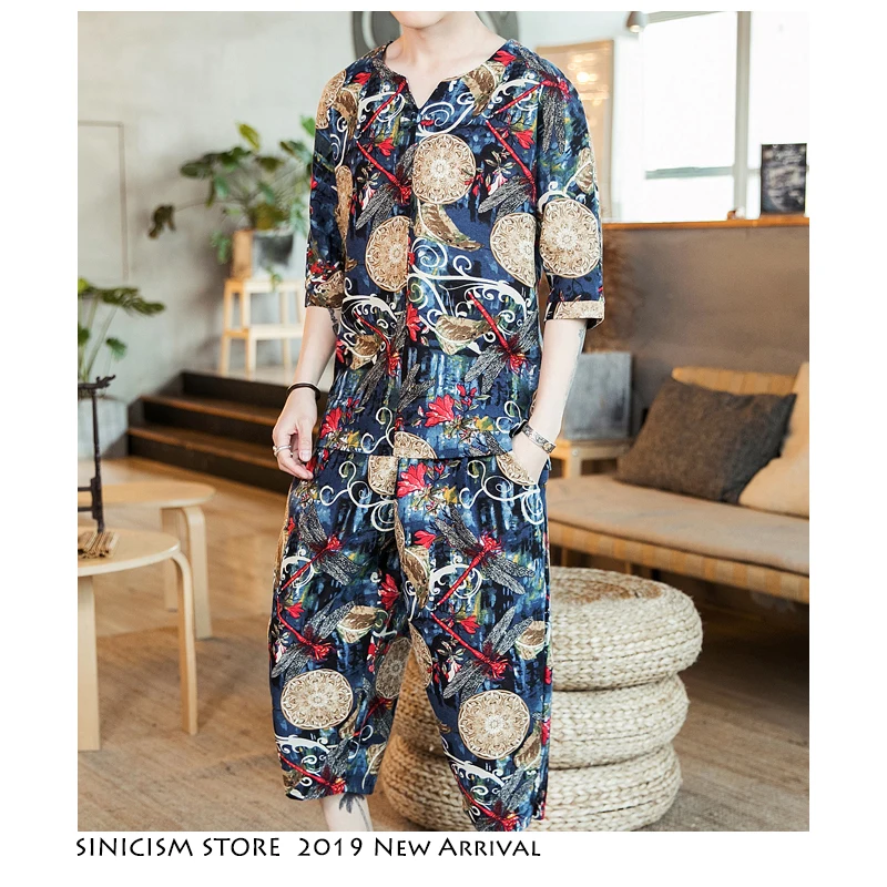 

Sinicism Store Men's Sets Streewear 2019 Cotton Linen Tracksuit Male Summer Men Print Chinese Style Three Quarter Track Suit