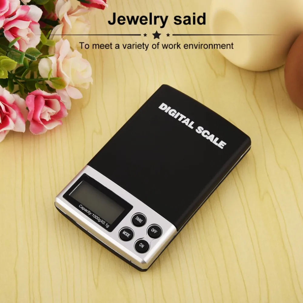 

Digital Scale 1000g x 0.1g Electronic Portable Weighing Precision Jewelry Weight Diamond Scale Tare Function LCD Display