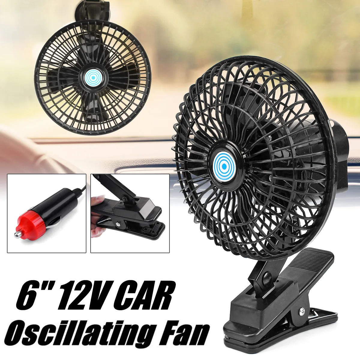 

12V Car Vehicle Air Cooling Van Clip on Oscillating Fan 2 Speed Airflow For Home Boat Truck Caravan Cooling