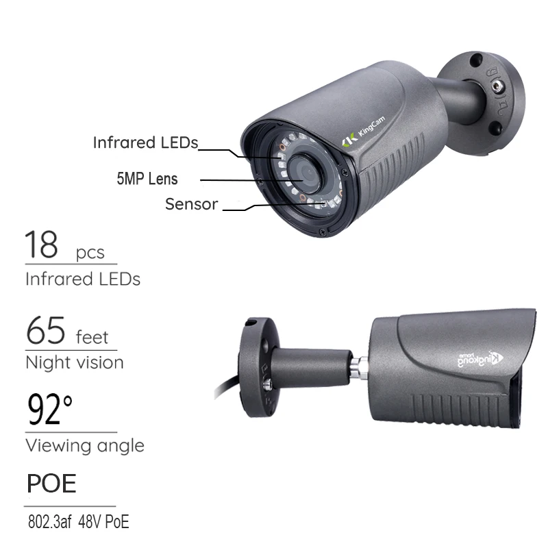  KingCam H.265 5MP IP Camera Aluminum Metal Waterproof Outdoor Bullet POE IP Camera Security Camera  - 32849831156