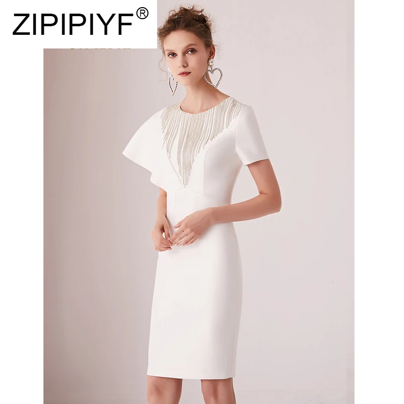

Elegant OL Diamond Tassel White Dress 2019 New Temperament Women Irregular Design Banquet Female Dress C1773