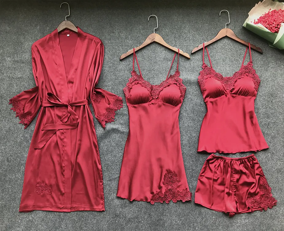 

4Pcs Sets Women Sexy Lace Sleepwear Satin Nightwear Lingerie Pajamas Suit Soft Silk Pyjamas Tops Cami Shorts Covers Pijama Mujer
