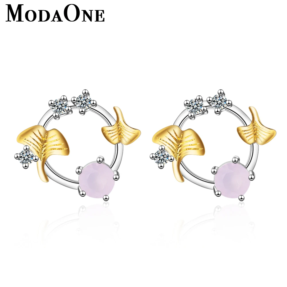 

ModaOne Gold Ginko Leaf Sterling Silver Stud Earrings For Women Zircon Fashion Trendy Jewerly Aretes De Mujer