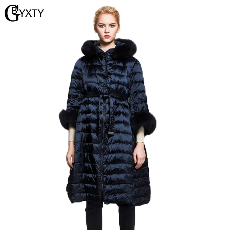 

GBYXTY Real Fox Fur Hooded Long Down Jacket Women Winter Warm Thick 3/4 Sleeve Belt Duck Down Jacket and Coat Parka ZA1101