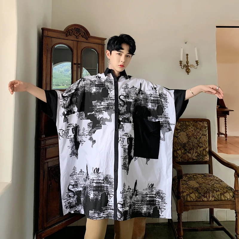 

Men Oversize Summer Bat Short Sleeve Loose Casual Long Style Shirt Male Women Streetwear Hip Hop Dress Shirts Couple Shirt