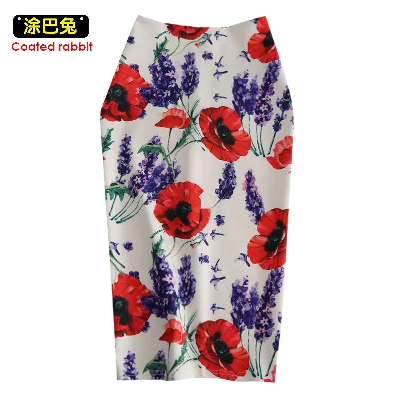 

CR Woman Skirts Summer Rose Floral Printed High Waist Knee Length Pencil Skirt Bodycon Zip Back Split Skirt Jupes Femme Saias