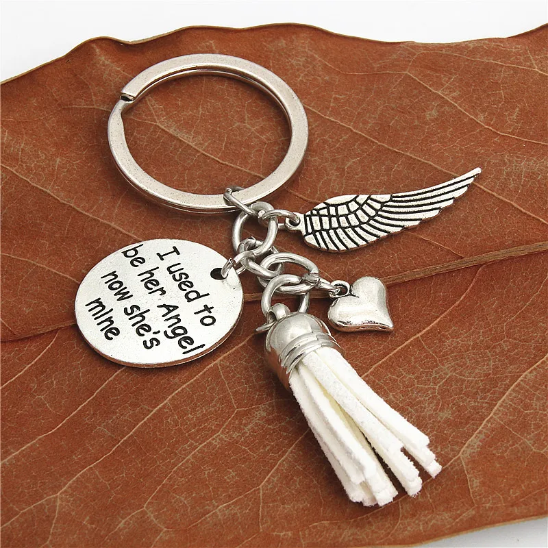 

1pc Heart Wings Keychains With White Tassel Keyring Gift Mom In Memory Of Mom I Used To Be Her Angel Now She's Mine E2182