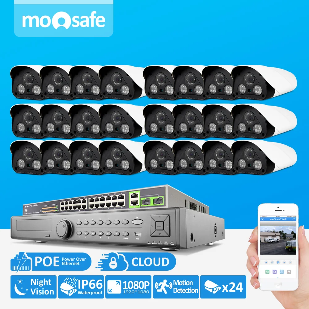 

24CH POE Camera security system Full HD H.264 ONVIF NVR, 24CH Power over ethernet switch 24pcs Full HD POE camera With 9TB HDD