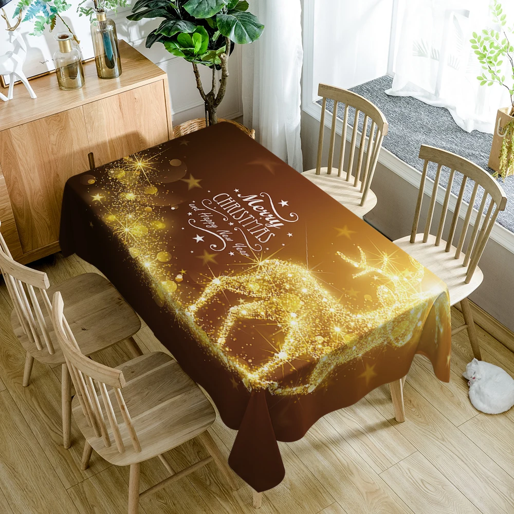 

Customizable Christmas Elk Tablecloth Cute Christmas Snowman New Year Fireworks Dustproof Cotton Rectangular Wedding Table Cloth