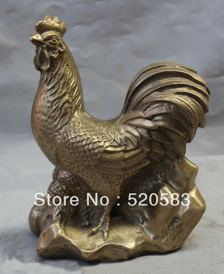 

7" China Chinese Fengshui Folk Brass Fu Foo Zodiac Year Rooster Cock Hen Statue