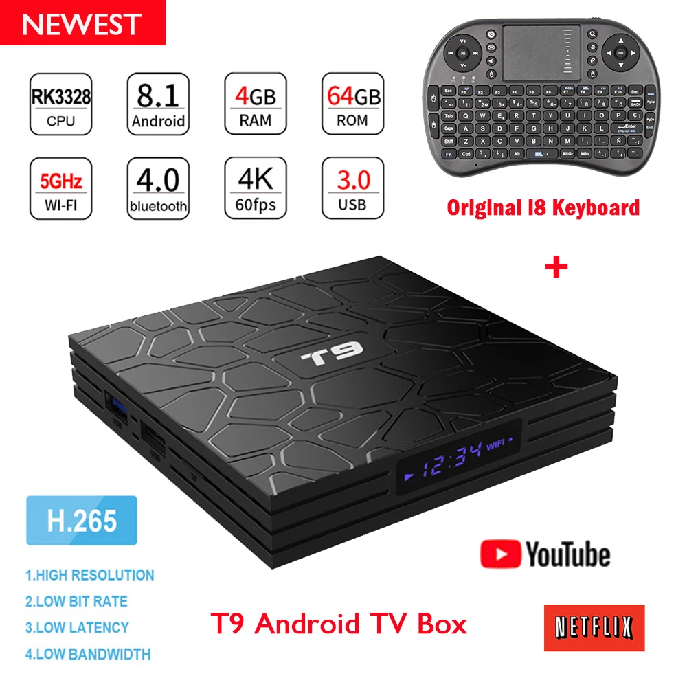 

T9 Android 9.0 TV Box 4GB 64GB RK3328 Quad Core USB 3.0 Smart 4K Set-top Box 2.4G/5G WIFI Bluetooth 4.1 Media Player+i8 Keyboard