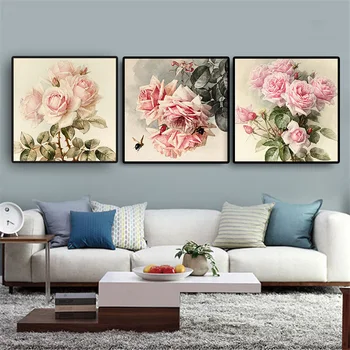 

Vintga Rose Flower Posters and Prints Pink Peony Tulips Canvas Painting Scandinavian Nordic Style Kitchen Kids Room Decoration