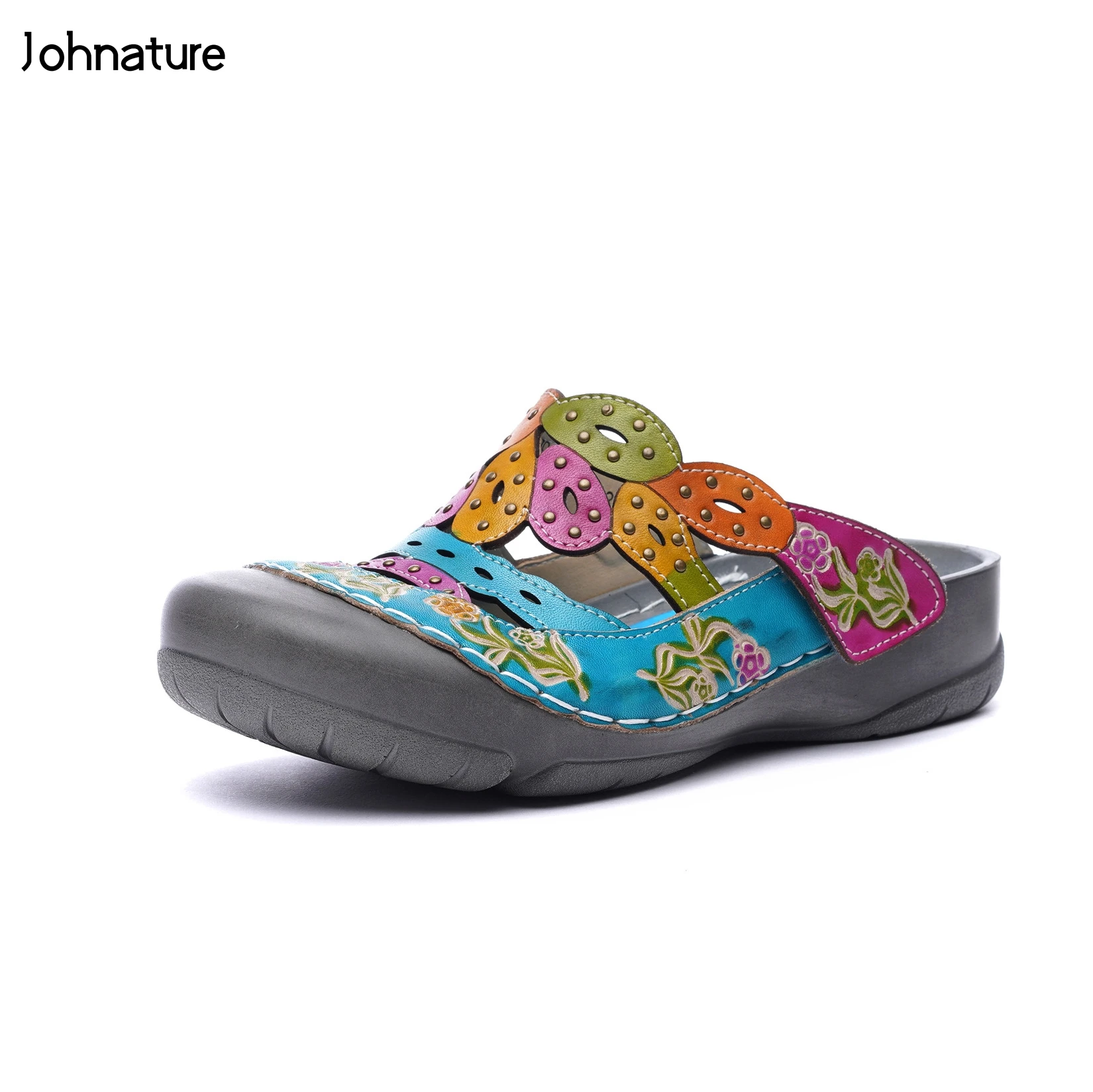 

Johnature Genuine Leather 2019 New Summer Slippers Hand-painted Outside Totem Sandal Flat With Slides National Style Women Shoes