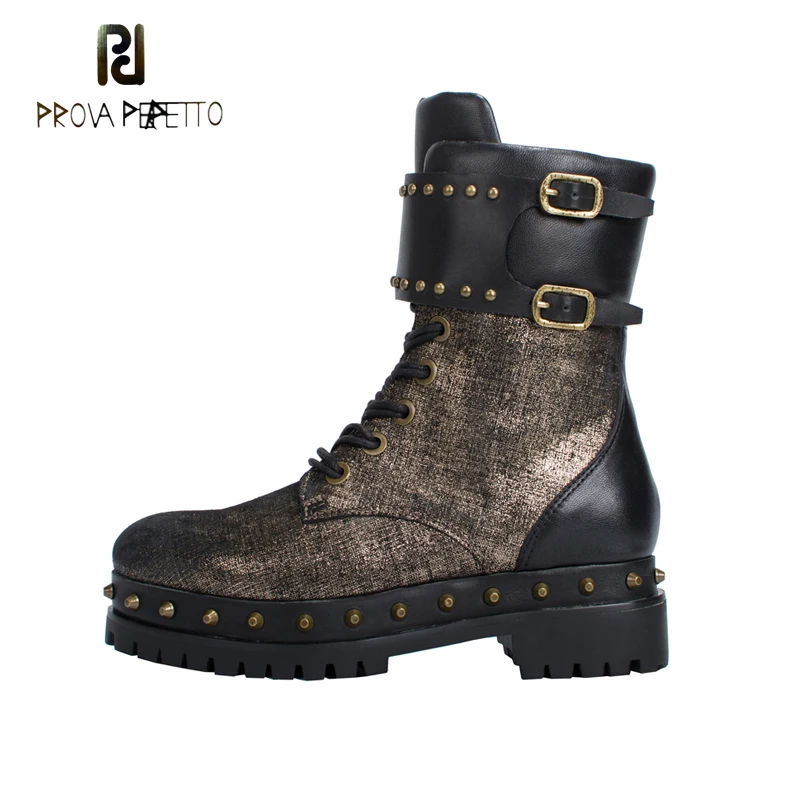 

Prova Perfetto Genuine Leather Punk Women Ankle Boots Autumn Winter Rivets Studded Buckle Boots Female Platform Martin Boots