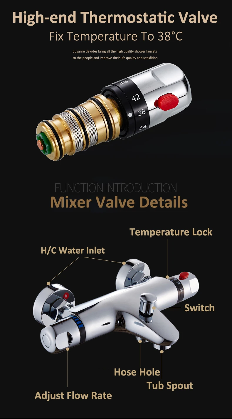 Quyanre хромированные Термостатические Смесители для душа, настенные ванны, двойные ручки, термостатический смеситель для душа, смеситель для ванны, набор для душа