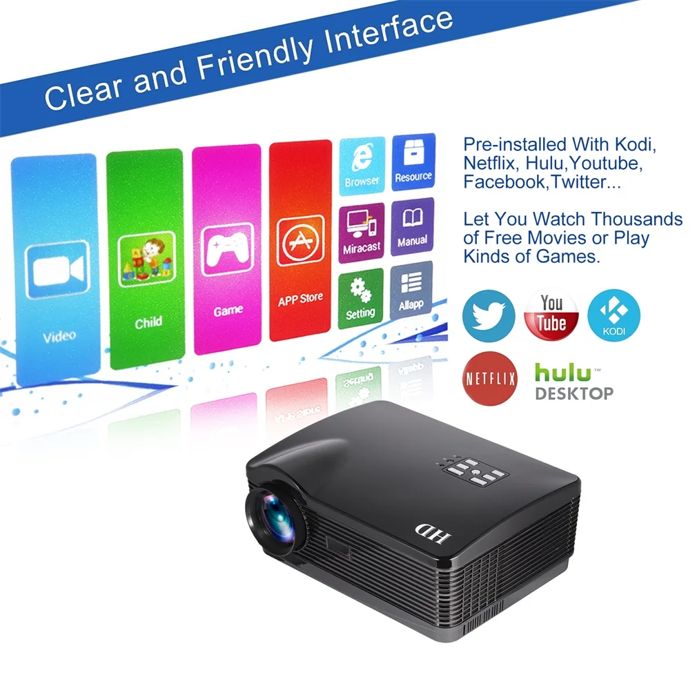 HD Projector 3000ansi Lumens Android HDMI/USB/SD/AV/VGA 1280*768 Home Theater Zoom Support Wifi Wireless Network PC Function
