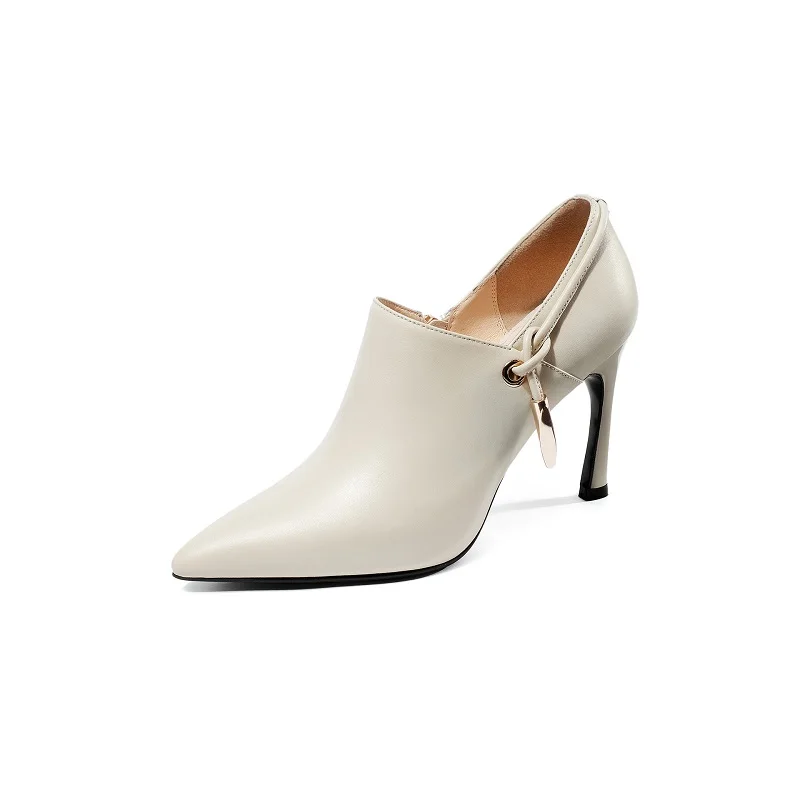 

2019 spring and autumn casual new side zipper stiletto heels deep mouth women's shoes beige 0324